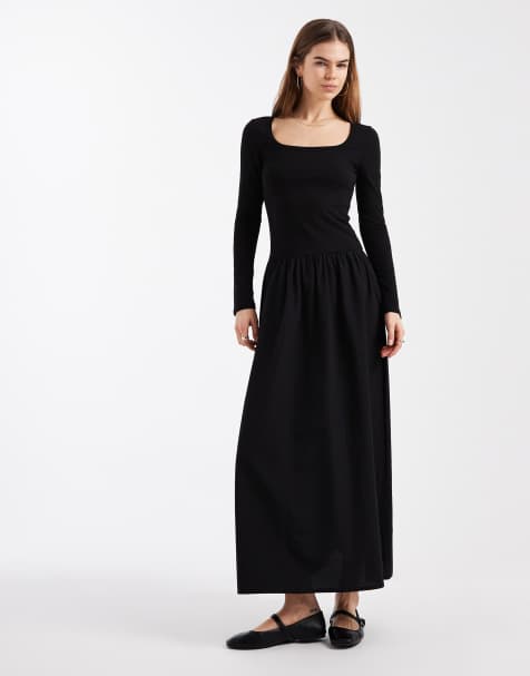 ASOS DESIGN - Sort hybrid-kjole i jersey med poplin-nederdel i midaxi-nederdel - view 1