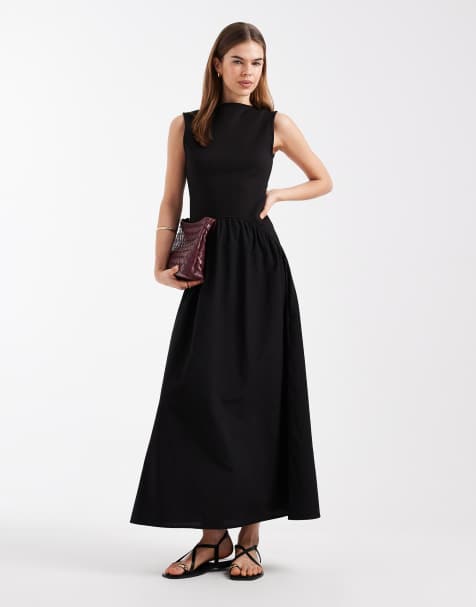 ASOS DESIGN - Sort hybrid-maxikjole i bomuldspoplin med sænket talje - view 1