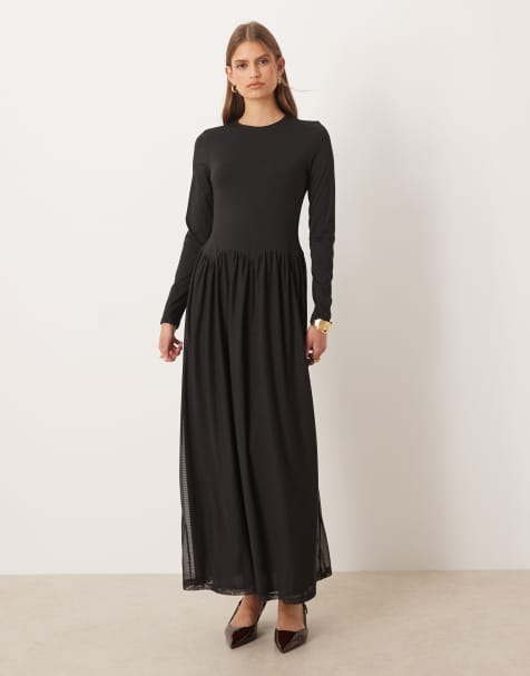 ASOS DESIGN - Sort hybrid-midikjole med smal halsudskæring og bølgekant i taljen - view 1