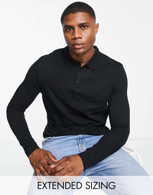 ASOS DESIGN - Sort jerseypolo med lange ærmer i bomuldsblanding - BLACK