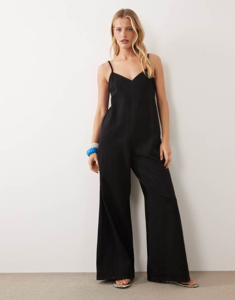 ASOS DESIGN - Sort jumpsuit med brede ben i blød denim - view 1