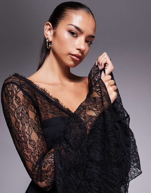 ASOS DESIGN - Sort jumpsuit med korsetdetalje og flæseærmer i blondestof, 4 af 4