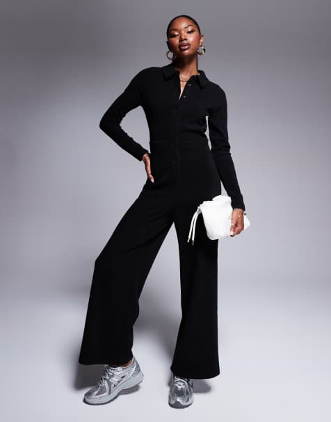 ASOS DESIGN - Sort jumpsuit med lange ærmer og knapper i fløjl - view 1