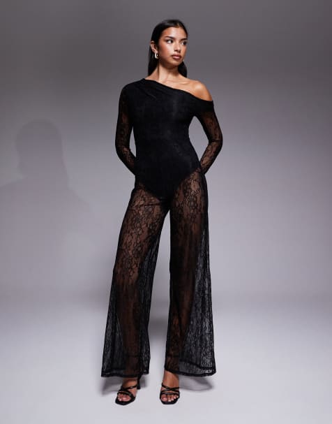 ASOS DESIGN - Sort jumpsuit med vide ben bodystocking-for og åben ryg i blonde - view 1