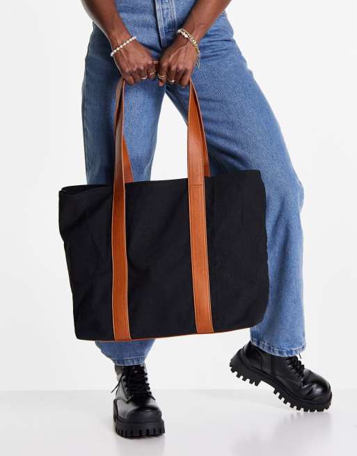 ASOS DESIGN - Sort kanvas-tote med PU-stropper , 4 af 4