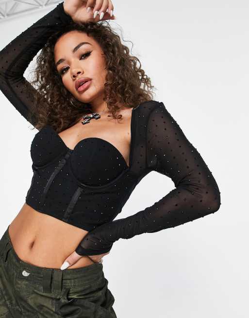 ASOS DESIGN - Sort korsettop med skåle og hotfix-krystalnitter