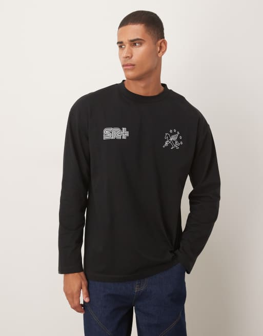 ASOS DESIGN - Sort kraftig oversized T-shirt med lange ærmer og grafisk print 