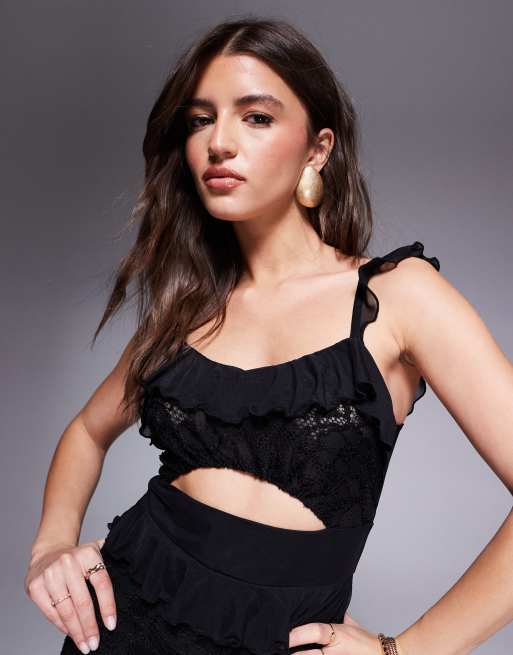 ASOS DESIGN - Sort lagdelt maxikjole med flæser i mesh og blondestof, 3 af 4