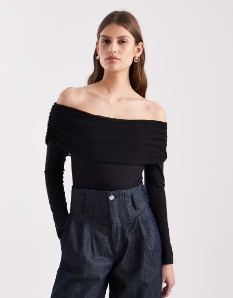 ASOS DESIGN - Sort, lagdelt og langærmet bardot-bodystocking i mesh med bomuld - view 1