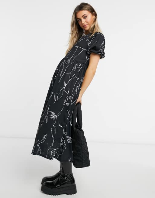 ASOS DESIGN - Sort, lagdelt smock-midikjole med print med grafiske ansigter