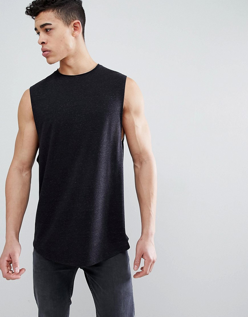 ASOS DESIGN — Sort lang ærmeløs T-shirt i hørmix med rå halsudskæring og bølget kant