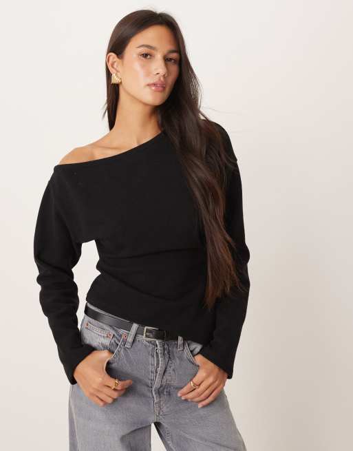 ASOS DESIGN - Sort langærmet blød offshoulder-top med korsetdetalje i taljen