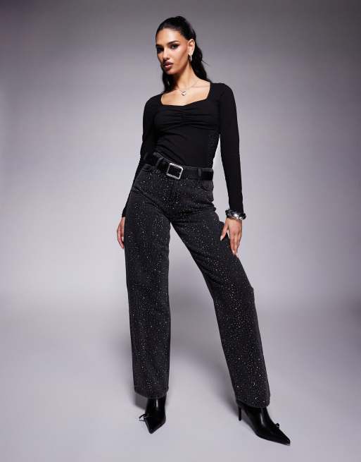 ASOS DESIGN - Sort langærmet bodystocking med blondepaneler og rynker over brystet, 2 af 4