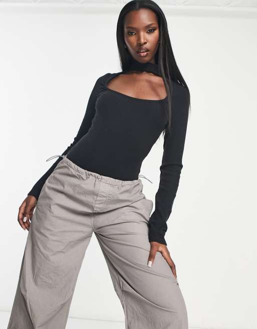ASOS DESIGN - Sort langærmet bodystocking med choker-hals