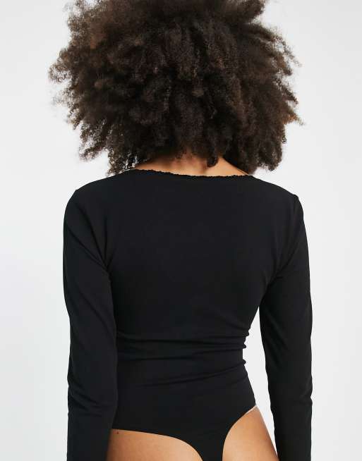 ASOS DESIGN - Sort langærmet bodystocking med V-hals og blondekant, 2 af 4