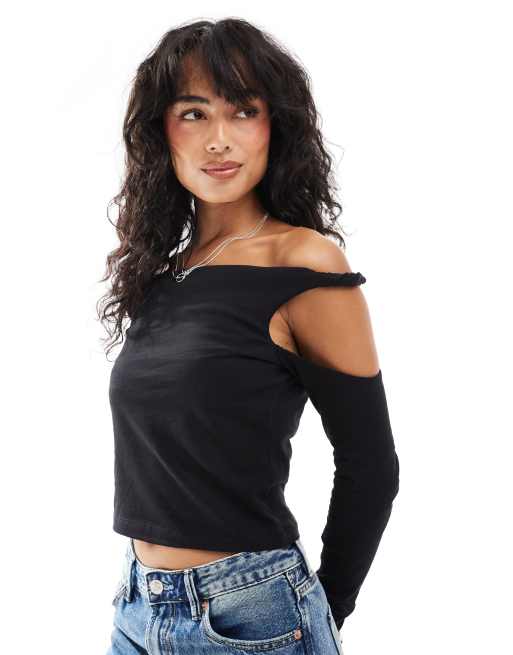 ASOS DESIGN - Sort langærmet cold shoulder-top med snoede stropper