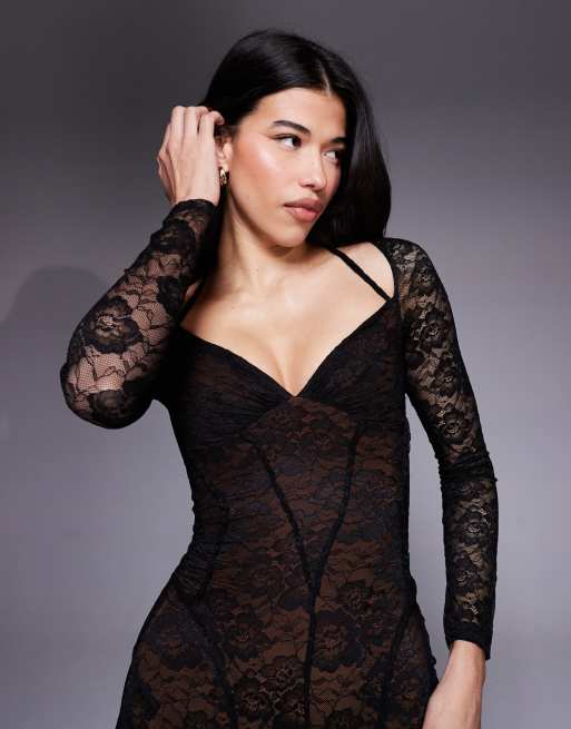 ASOS DESIGN - Sort langærmet maxikjole i blondemateriale med syningsdetalje, 2 af 4