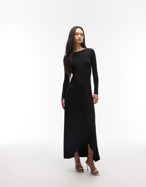 ASOS DESIGN - Sort langærmet maxikjole med åben ryg og rynket talje, 2 af 4