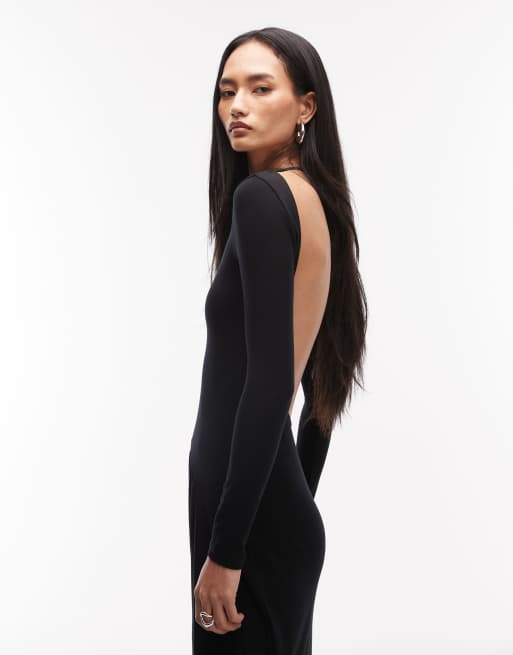 ASOS DESIGN - Sort langærmet maxikjole med åben ryg og rynket talje, 4 af 4