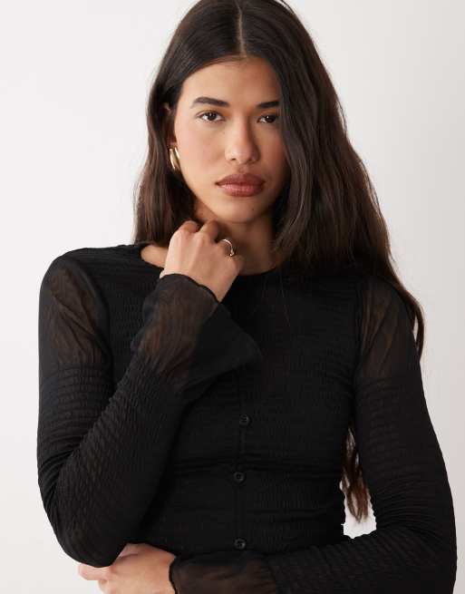 ASOS DESIGN - Sort langærmet overdel i mesh med smocksyninger og knapper, 3 af 4