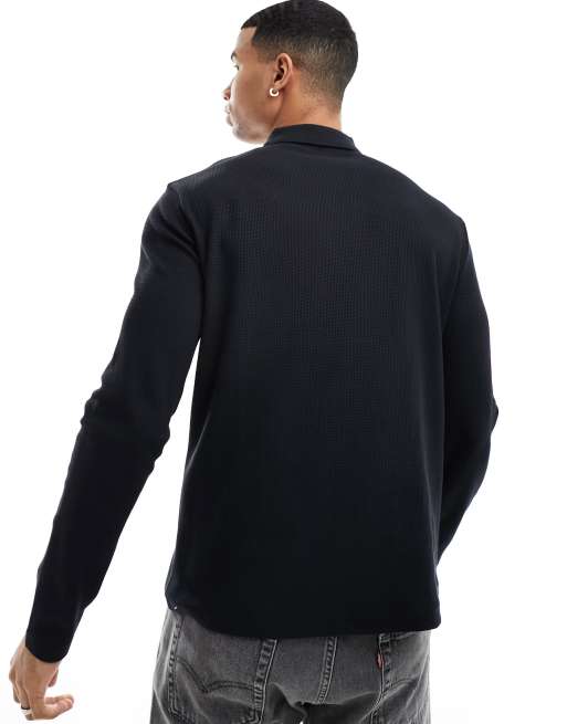 ASOS DESIGN - Sort langærmet polotrøje med vaffeltekstur og lynlås, 2 af 4