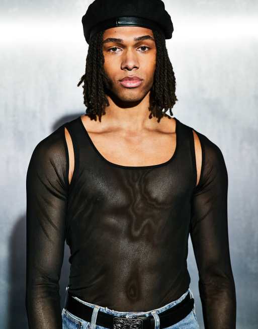 ASOS DESIGN - Sort langærmet skinny-t-shirt med udskæringer i mesh