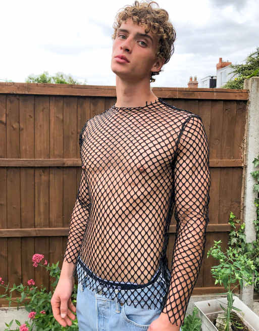 ASOS DESIGN - Sort langærmet t-shirt i net med rå rullekrave