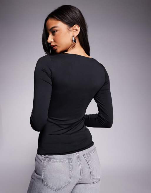 ASOS DESIGN - Sort langærmet top i to lag med hjerteformet hals, 4 af 4