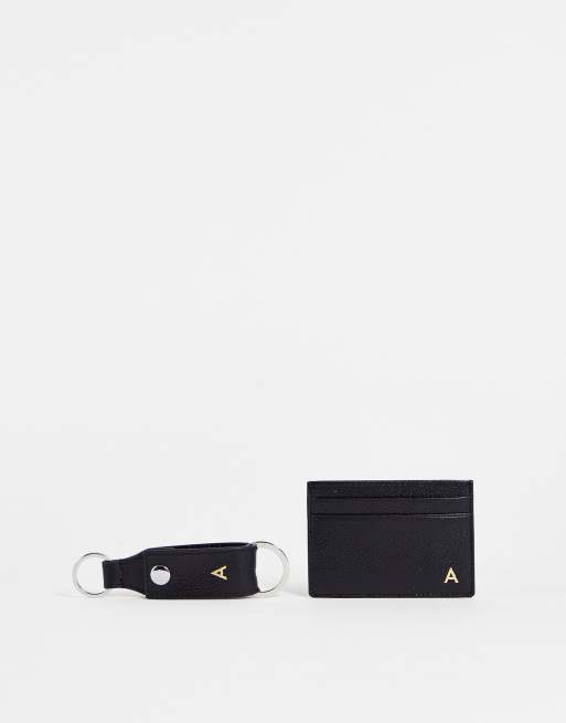 ASOS DESIGN - Sort lædersæt med kortholder og nøglering med 'A'-initial 