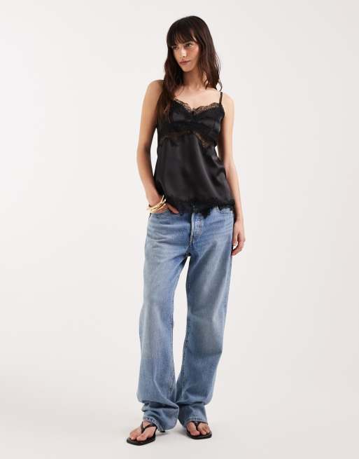ASOS DESIGN - Sort longline cami-top i satin med blondekant, 2 af 4