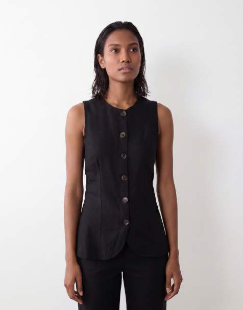 ASOS DESIGN - Sort longline-habitvest med knapper foran i hørblanding - view 1