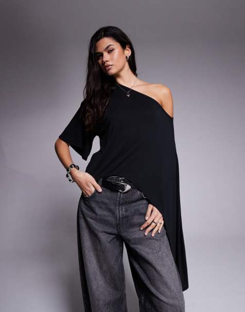 ASOS DESIGN - Sort longline-T-shirt med oneshoulder-snit og drapering foran i modal - view 1