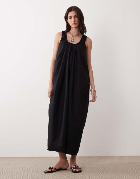 ASOS DESIGN - Sort maxi-sundress med rynket hals i poplin - view 1
