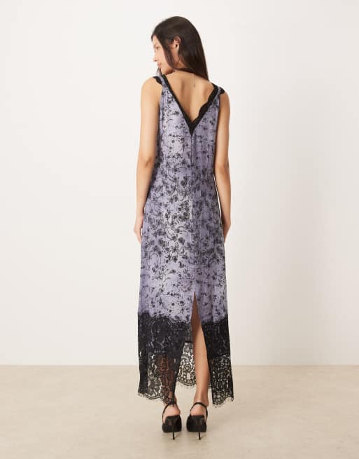 ASOS DESIGN - Sort maxikjole i krøllet satin med blondedetaljer og v-hals samt blomstermønster, 3 af 4