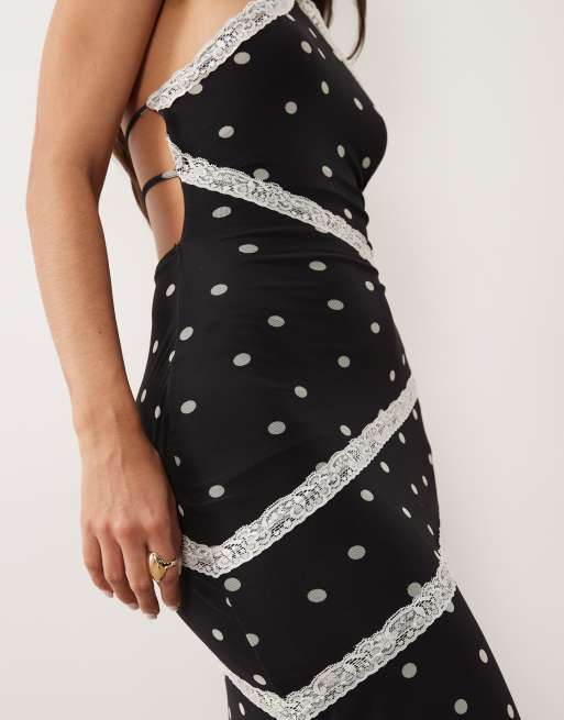 ASOS DESIGN - Sort maxikjole i mesh med halterneck og polkaprikker samt blondekanter i kontrastfarve, 3 af 4