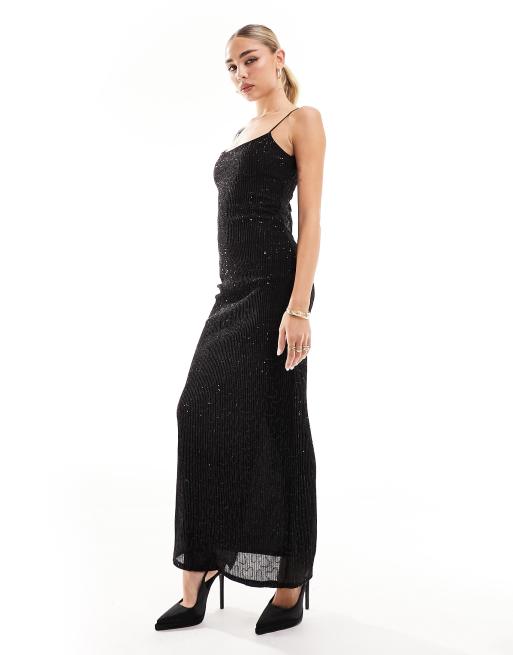 ASOS DESIGN - Sort maxikjole i plissé med stropper og pailletter