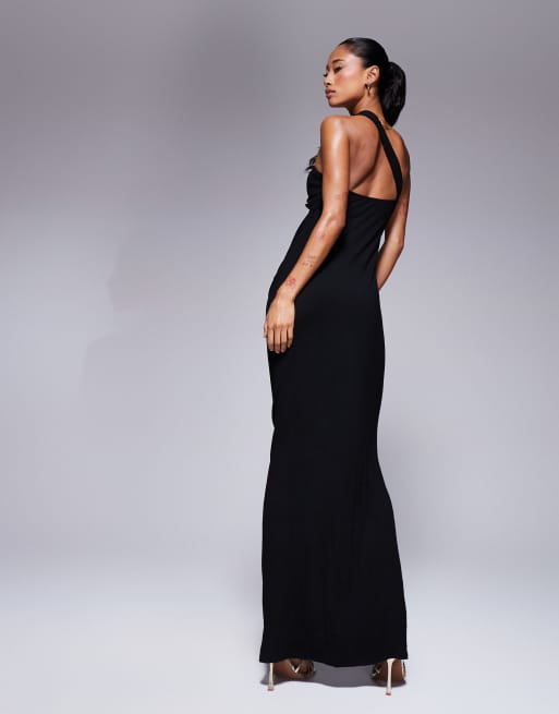 ASOS DESIGN - Sort maxikjole med asymmetrisk hals, guldfarvet ringdetalje og draperet talje, 3 af 4
