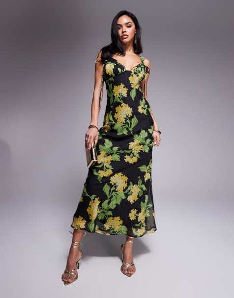 ASOS DESIGN - Sort maxikjole med binde- og korsetdetaljer, skråsnit og flæser i blomstermønster - view 1