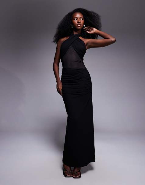 ASOS DESIGN - Sort maxikjole med halterneck og mesh-panel - view 1