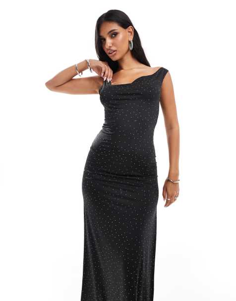ASOS DESIGN - Sort maxikjole med hotfix-glimmer og asymmetrisk hals - view 1