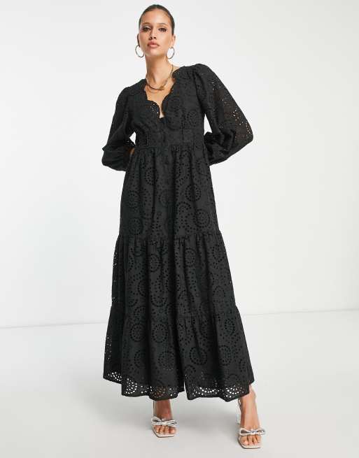 ASOS DESIGN - Sort maxikjole med knapper og bølgekant i broderie anglaise