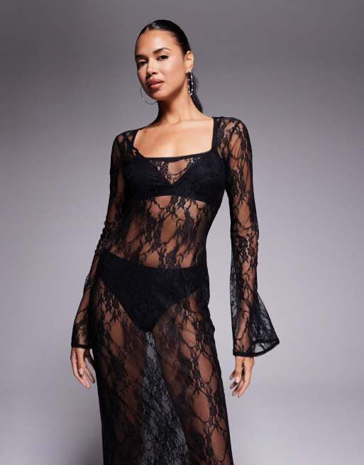 ASOS DESIGN - Sort maxikjole med lange ærmer og firkantet hals i blondestof, 3 af 4