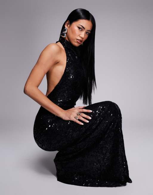 ASOS DESIGN - Sort maxikjole med pailletter og blondedetaljer samt draperet halterneck og åben ryg, 2 af 4