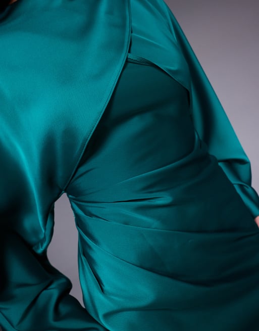ASOS DESIGN - Sort maxikjole med skråsnit, slå-om-detalje foran og flagermusærmer i satin, 2 af 4