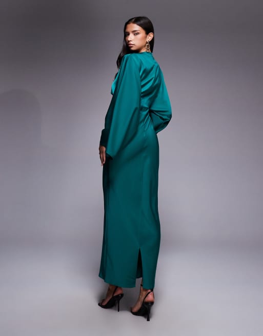ASOS DESIGN - Sort maxikjole med skråsnit, slå-om-detalje foran og flagermusærmer i satin, 4 af 4