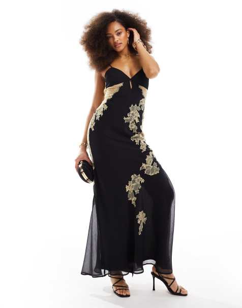 ASOS DESIGN - Sort maxikjole med skråtskåret nederdel i chiffon og blondestof - view 1