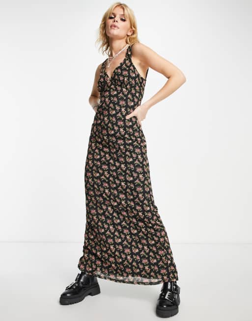 ASOS DESIGN - Sort maxikjole uden ærmer med blomstermønster og flæsedetalje