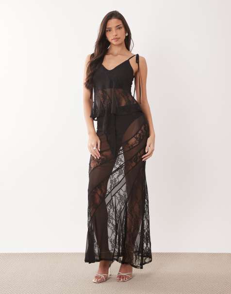 ASOS DESIGN - Sort maxinederdel i mesh med blondeindsatser - Del af sæt - view 1