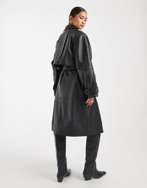 ASOS DESIGN - Sort mellemlang trenchcoat i ægte læder, 3 af 4