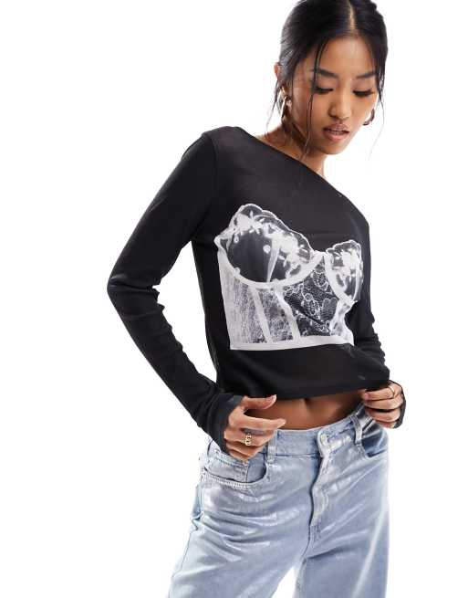 ASOS DESIGN - Sort meshtop med BH-grafik og tynd halsudskæring